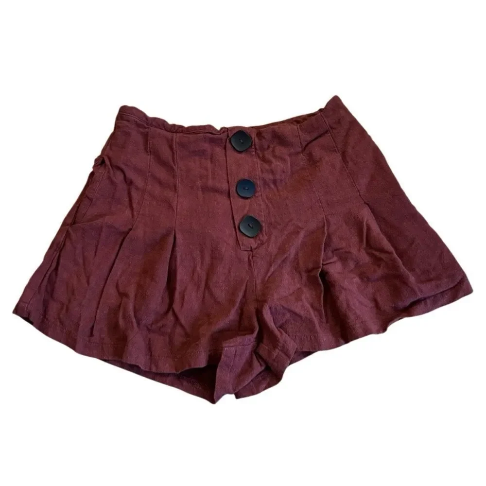 Vestique Women's Button Front Pleated High Rise Linen Shorts in Rust Size Medium - Picture 2 of 6